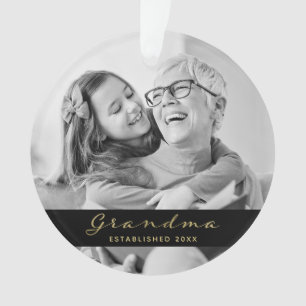 Grandma Established Photo Heart Black and Gold Ornament
