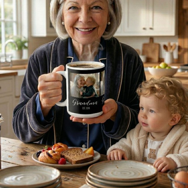 Grandma Established Photo White Script Text Coffee Mug (Creator Uploaded)