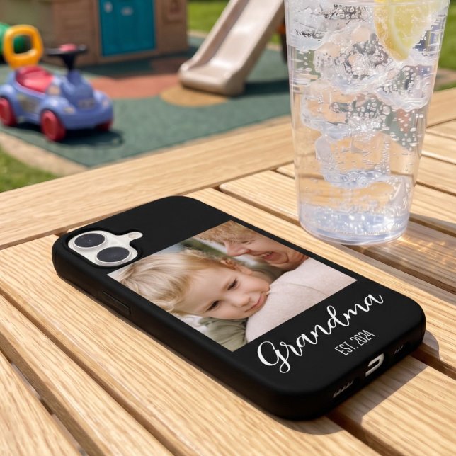 Grandma Established Photo White Script Text iPhone 16 Case (Creator Uploaded)