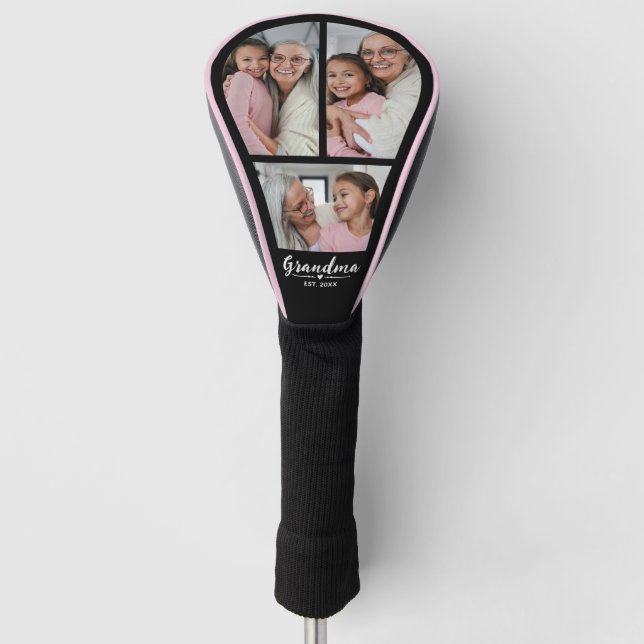 Grandma Established Script Black 3 Photo Golf Head Cover (Front)