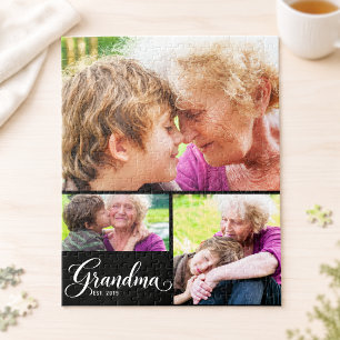 Grandma Established Script Black 3 Photo Jigsaw Puzzle