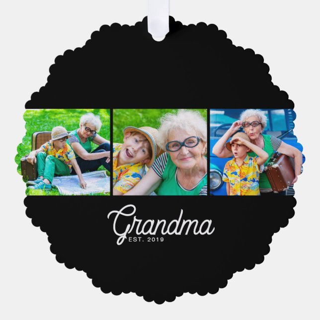 Grandma Established Script Black 3 Photo Ornament Card (Front)