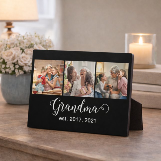 Grandma Established Script Gift 3 Photo Plaque (Creator Uploaded)