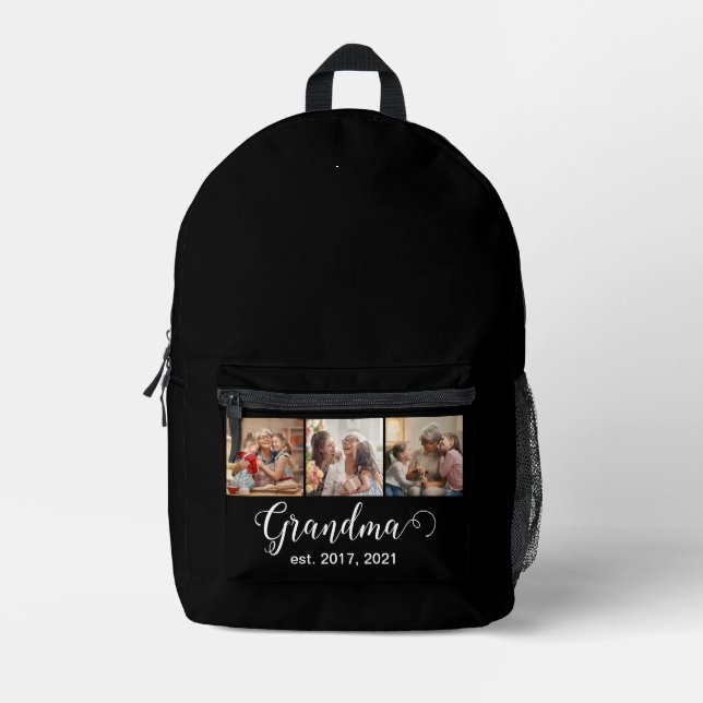 Grandma Established Script Gift 3 Photo Printed Backpack (Front)