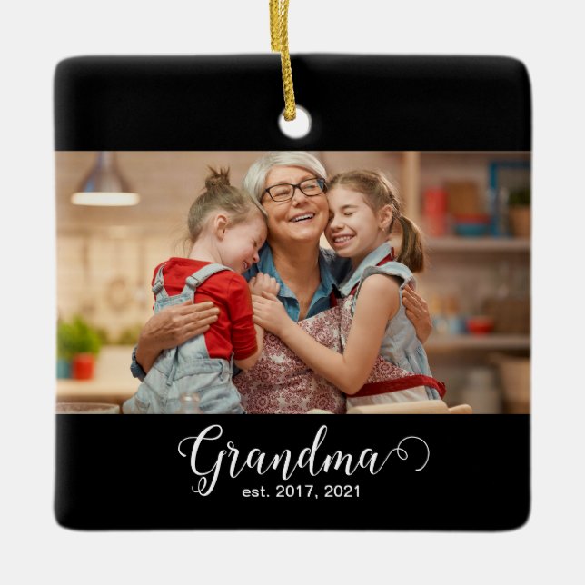Grandma Established Script Gift Photo Ceramic Ornament (Front)