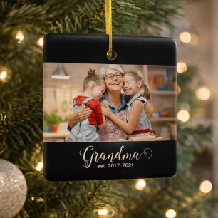 Grandma Established Script Gift Photo Ceramic Ornament