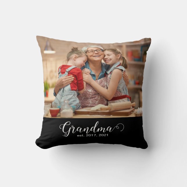 Grandma Established Script Gift Photo Throw Pillow (Front)