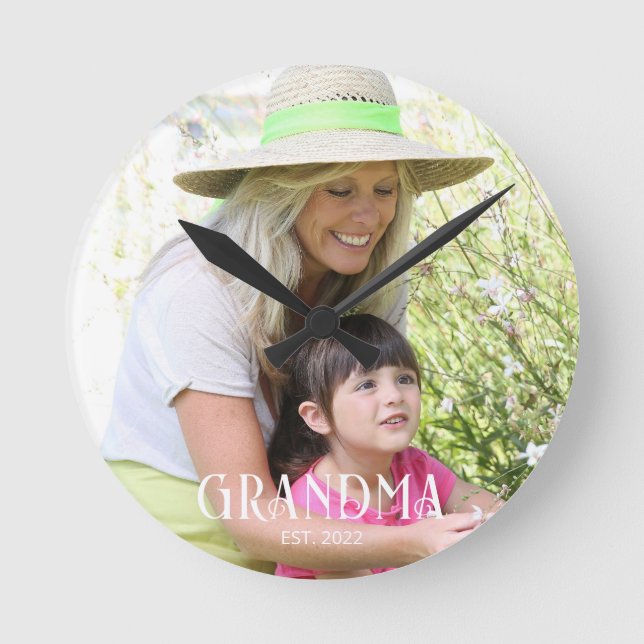 Grandma Established Script Photo  Round Clock (Front)