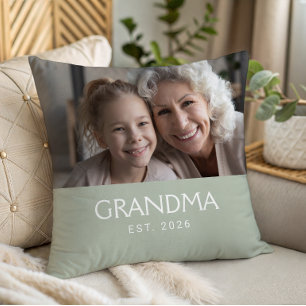 Grandma Established Typography Sage Green Photo Throw Pillow