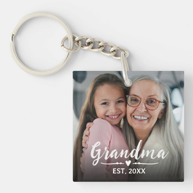 Grandma Established White Script Photo Keychain (Front)