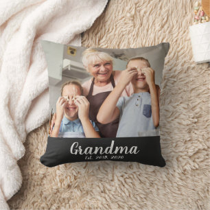 Grandma Established White Script Photo Throw Pillow