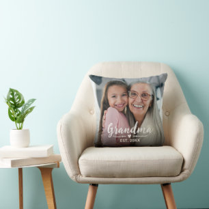 Grandma Established White Script Photo Throw Pillow