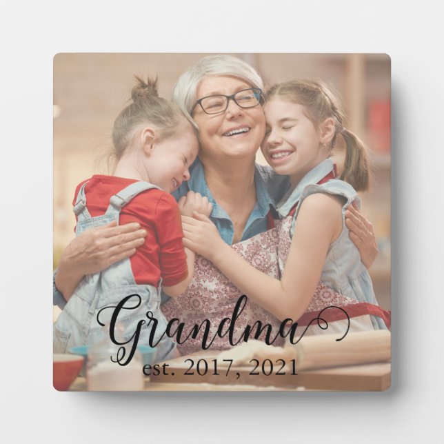 Grandma Established Year Modern Black Script Photo Plaque (Front)
