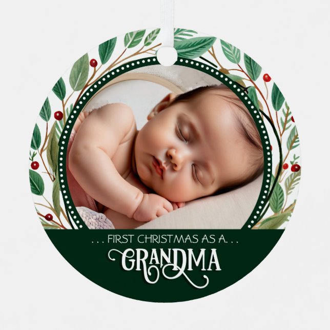 Grandma First Christmas Photo Holiday Pattern Metal Ornament (Front)