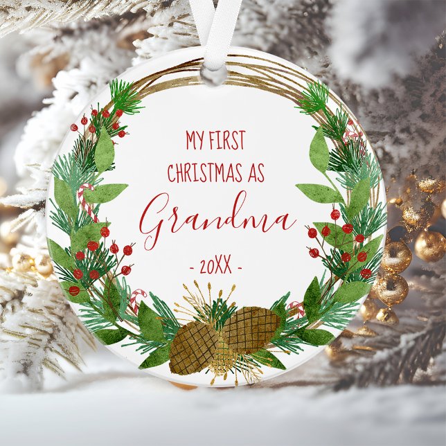 Grandma First Christmas Rustic Wreath Baby Photo Ornament (Creator Uploaded)