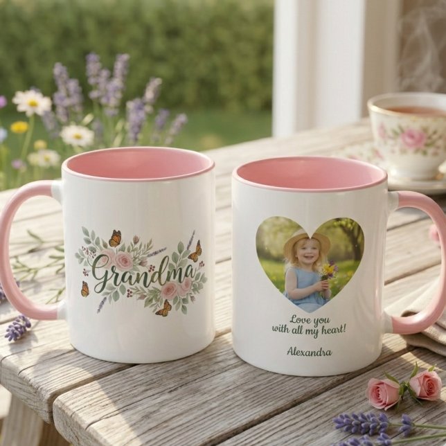 Grandma Floral Mug - Watercolor Botanical Gift (Personalized photo heart grandma coffee mug)