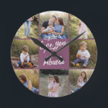 Grandma gift 8 photo family simple  round clock<br><div class="desc">family gift 8 photo grandchild simple modern script typography clock gift plum purple girly design. change the name to suit your recipient</div>