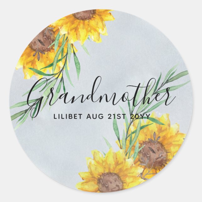 GRANDMA Gifts - Sunflower Themed Personalized Classic Round Sticker (Front)