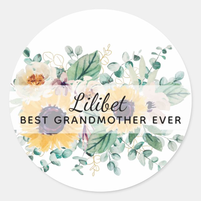 GRANDMA Gifts - Sunflower Themed Personalized Classic Round Sticker (Front)