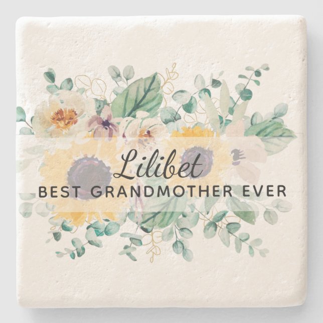 GRANDMA Gifts - Sunflower Themed Personalized Stone Coaster (Front)