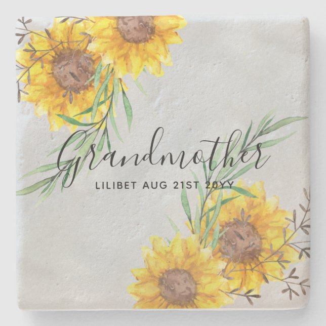 GRANDMA Gifts - Sunflower Themed Personalized Stone Coaster (Front)