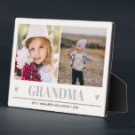 GRANDMA Grandchildren 2 Photo GRAY HEARTS  Plaque<br><div class="desc">Create the perfect sweet keepsake for grandma or "mom just promoted to grandma" for Christmas or Grandparent's day with this amazing design using two (2) of your favourite photos and gran. " appears along the bottom in delicate grey Lettering with little grey hearts. Perfect gift idea to announce pregnancy with...</div>