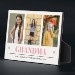 GRANDMA Grandchildren NAME 3 Photo pink grey heart Plaque<br><div class="desc">Create the perfect sweet keepsake for grandma or for Christmas or Mothers' day with this amazing design using THREE (3) of your favourite photos and GRANDMA appears along the bottom in delicate light pink Lettering with little grey hearts. Perfect gift idea to announce pregnancy with ultrasound or sonogram picture! Other...</div>