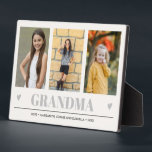 GRANDMA Grandchildren NAMES 3 Photo GRAY HEARTS   Plaque<br><div class="desc">Create the perfect sweet keepsake for grandma or for Christmas or Mothers' day with this amazing design using THREE (3) of your favourite photos and GRANDMA appears along the bottom in delicate grey Lettering with little grey hearts. Perfect gift idea to announce pregnancy with ultrasound or sonogram picture! Other colours...</div>