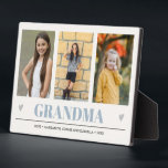 GRANDMA Grandchildren NAMES 3 Photo light blue Plaque<br><div class="desc">Create the perfect sweet keepsake for grandma or for Christmas or Mothers' day with this amazing design using THREE (3) of your favourite photos and GRANDMA appears along the bottom in delicate light blue Lettering with little grey hearts. Perfect gift idea to announce pregnancy with ultrasound or sonogram picture! Other...</div>