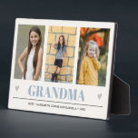 GRANDMA Grandchildren NAMES 3 Photo light blue Plaque<br><div class="desc">Create the perfect sweet keepsake for grandma or for Christmas or Mothers' day with this amazing design using THREE (3) of your favourite photos and GRANDMA appears along the bottom in delicate light blue Lettering with little grey hearts. Perfect gift idea to announce pregnancy with ultrasound or sonogram picture! Other...</div>