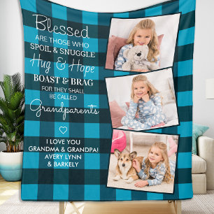 Grandma Grandpa Custom 3 Photo Plaid Grandparents Fleece Blanket
