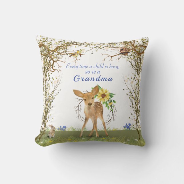  Grandma & Grandpa Fawn Owl Bunny Flowers Throw Pillow (Front)