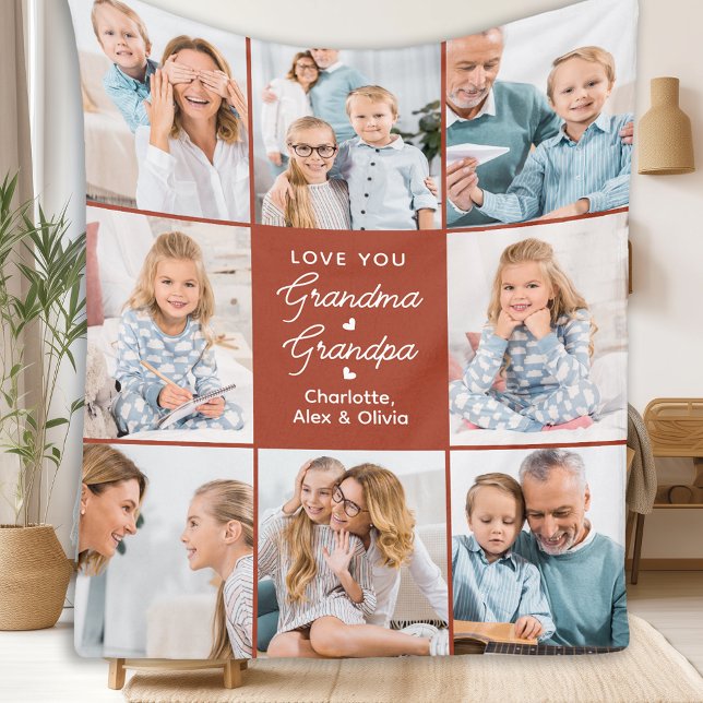 Grandma Grandpa Personalized Terracotta 8 Picture Fleece Blanket (Creator Uploaded)