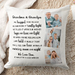 Grandma Grandpa Poem Custom 3 Photo Grandparents Throw Pillow<br><div class="desc">Celebrate your grandparents with a custom photo collage pillow. This unique grandparents quote pillow is the perfect gift whether its a birthday, Grandparents day or Christmas. We hope your special keepsake pillow will become a treasured keepsake for years to come. . Quote "We hugged this pillow, We squeezed it really...</div>