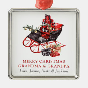 Grandma Grandpa Vintage Red Sleigh Christmas Metal Ornament
