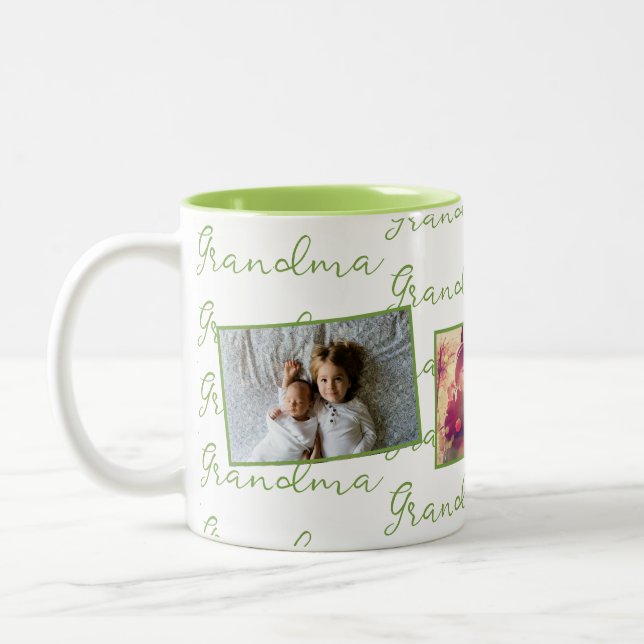 Grandma Green Script with Custom Photos Two-Tone Coffee Mug (Left)