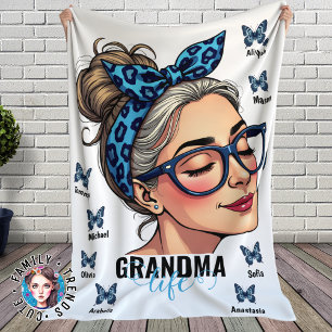 Grandma Life Messy Bun Butterflies Custom Names Fleece Blanket