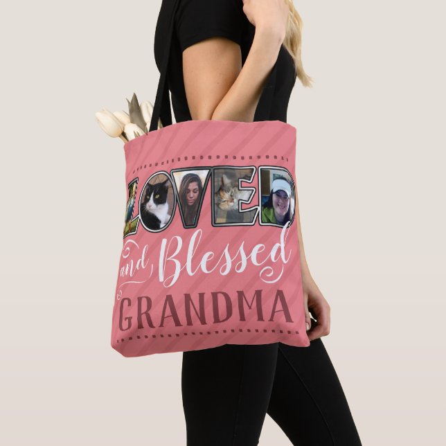 Grandma Loved and Blessed Photo Collage Tote Bag (Close Up)