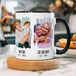 Grandma Milestones Photos & Years Custom Text Gift Mug<br><div class="desc">This heartwarming custom photo gift mug for grandmothers beautifully captures the generational journey of love and family with a touching progression from girlfriend to fiancée, wife, dad, and grandpa. Featuring a white background with a bold black handle and rim for contrast, each stage is represented through a personalized photo framed...</div>