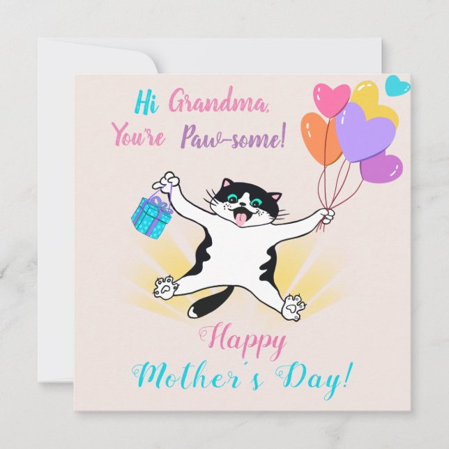 Grandma Mother's Day Cute Kitty Colourful Balloons Card (Front)