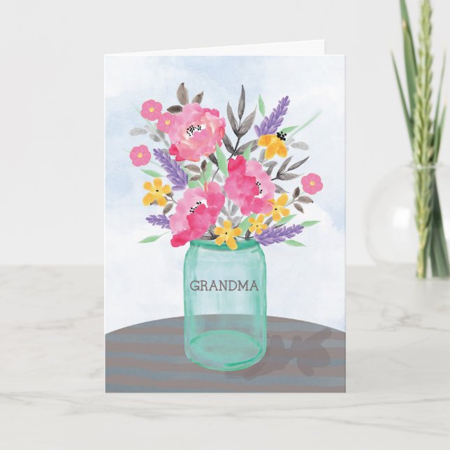 Grandma Mother's Day Jar Vase with Flowers Card (Front)