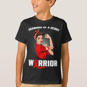 Grandma Of A Heart Warrior Heart Disease Messy Bun T-Shirt