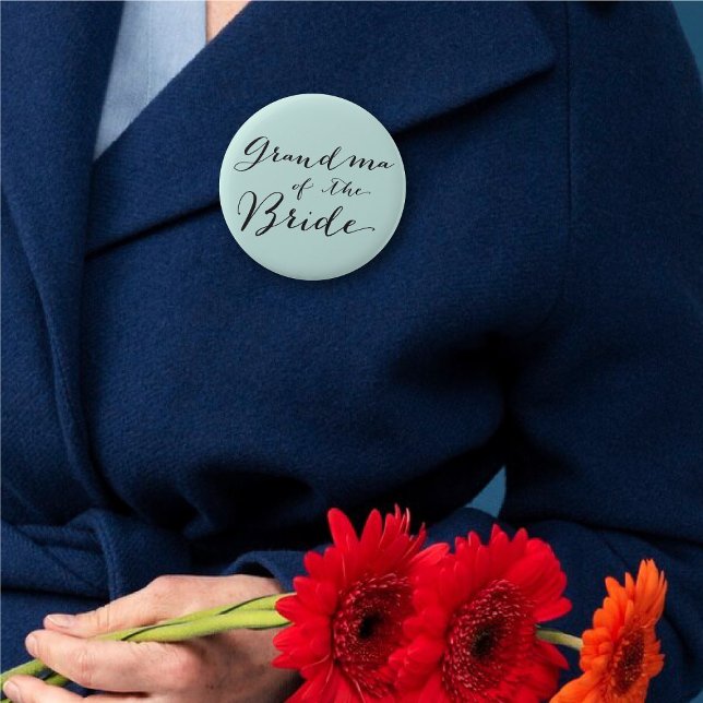 Grandma of the Bride Chic Wedding Rehearsal Party 2 Inch Round Button ('Grandma of the Bride' Classic Script Calligraphy Wedding Rehearsal Pin Button @ fatfatin_blue_knot)