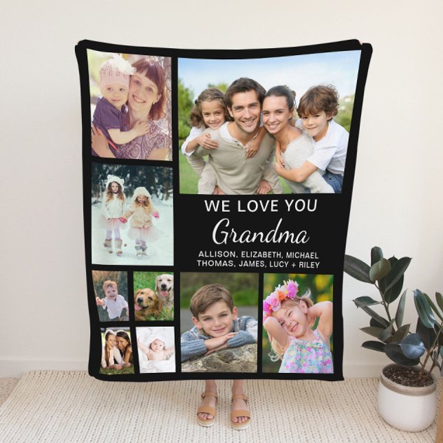 Grandma Photo Collage Black Fleece Blanket (Creator Uploaded)