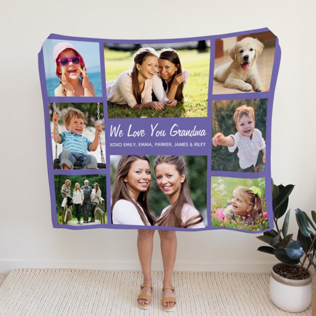 Grandma Photo Collage Personalized Purple Fleece Blanket (Creator Uploaded)