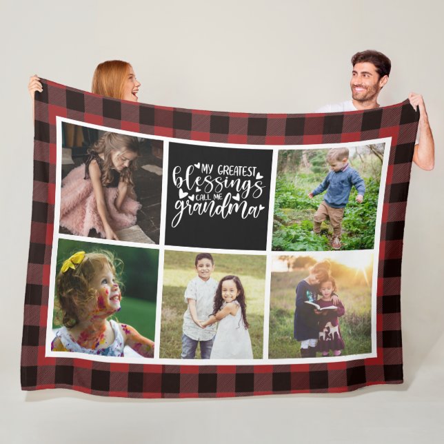 Grandma Photo Collage Plaid Fleece Blanket (In Situ)