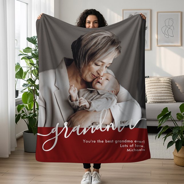 Grandma Photo Elegant Script Personal Message Fleece Blanket (Creator Uploaded)