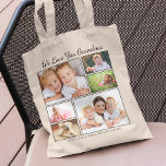 Grandma Photos Personalized Tote Bag<br><div class="desc">Grandma will love this custom photo collage tote bag. You can personalize with six family photos of grandchildren, family members, pets, etc., and customize the expression to "I Love You" or "We Love You, " and whether she is called "Grandma, " "Nana, " "Mom Mom, " etc. You can also...</div>