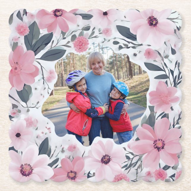 Grandma  Pink Floral Photo Paper Coaster (Front)