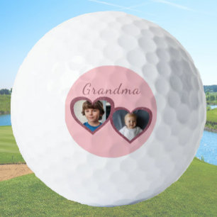 Grandma Pink Hearts 2 Grandchildren Photo Collage Golf Balls